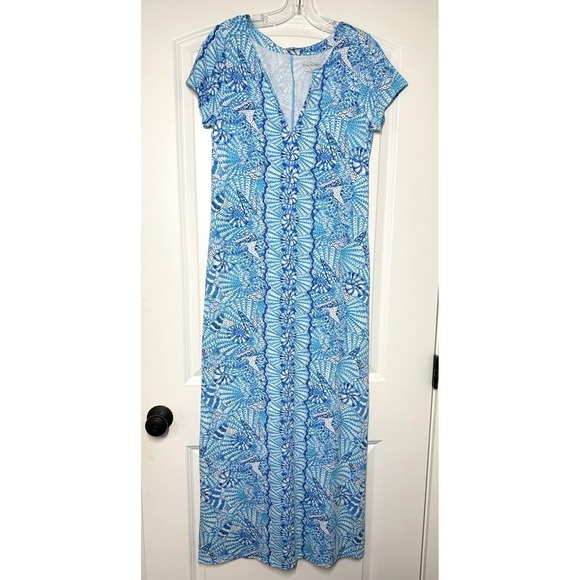 Lilly Pulitzer Dresses & Skirts - Lilly Pulitzer Solsana Maxi Dress Womens Medium Blue Shell Print UPF 50+ Knit